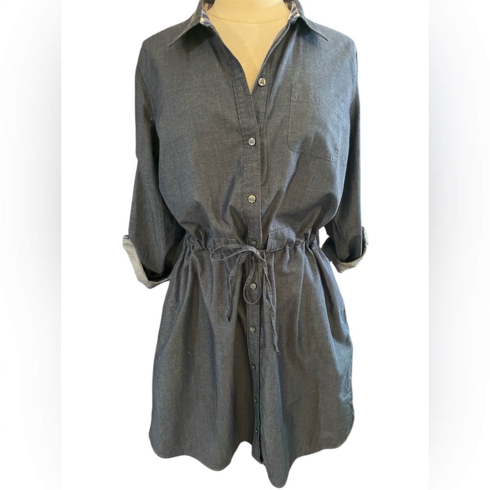 G.H. Bass Blue Cotton Button-Up Dress w/blue & white plaid detail Size 14